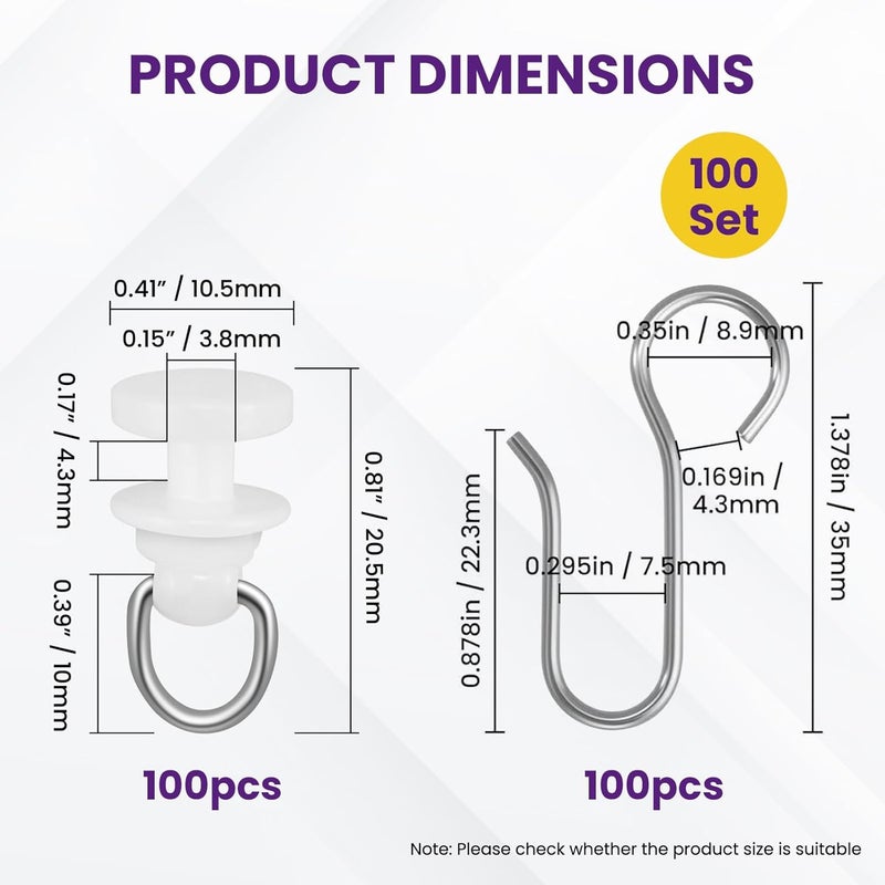 Catuy 200Pcs Curtain Track Gliders Hooks, 100 Pieces Hooks and 100 Pieces Gliders for Ceiling Sliding Curtain Track, Shower Curtain Pulley for Window Shower Curtain Tracks - Image 2